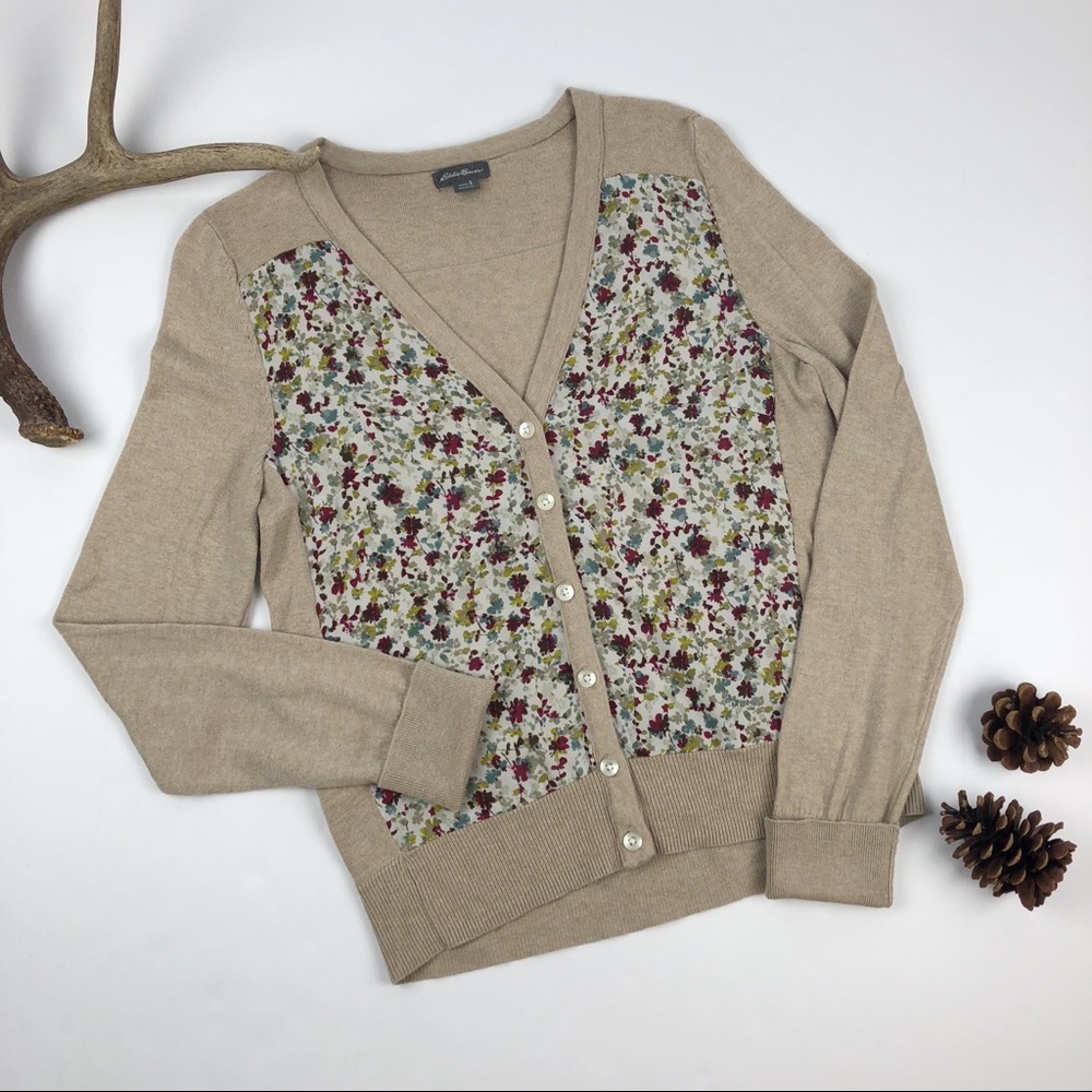 Eddie Bauer Beige Floral Chiffon Cardigan Sweater